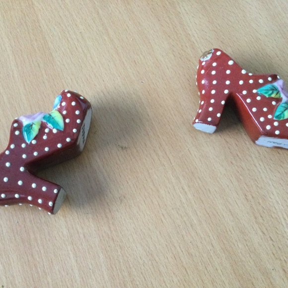 Pair of Vintage Ceramic Polka Dot Shoes Made in Japan high heel flowers mini 2" - Picture 4 of 5